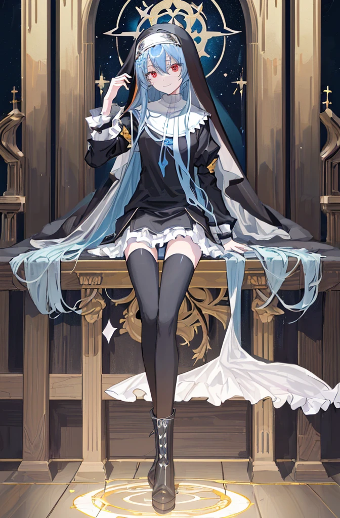 [(cathedral background:1.4)::5],Original,(Illustration:1.1),(Best Quality),(masutepiece:1.1),(the Extremely Detailed CG Unity 8K Wallpapers:1.1), (Colorful:0.9),(mid-shot:0.95),(Full body:1.5),Dynamic Angle,(Solo:1.2), (girl),(((Adult))), (Detailed beautiful eyes:1.15), (Beautiful face:1.15), (Glowing black eyes:1.25////),(Blue Long Hair),(nun headdress),(+perfect hand+:1.21),(Draw an illustration of a Holy Knight Wizard),(Religious),(slender),(she has boots on her feet),((I'm wearing black knee-high socks)),Smile,(Ruffled miniskirt with metal embellishments),beautiful slender adult,((theater background)),