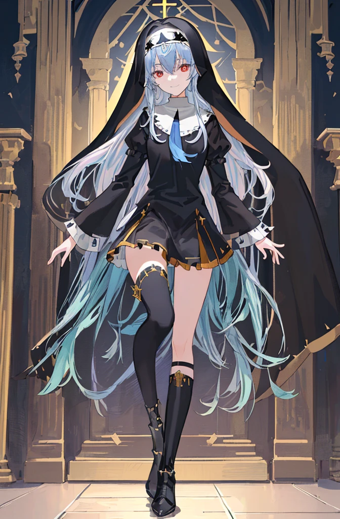 [(cathedral background:1.4)::5],Original,(Illustration:1.1),(Best Quality),(masutepiece:1.1),(the Extremely Detailed CG Unity 8K Wallpapers:1.1), (Colorful:0.9),(mid-shot:0.95),(Full body:1.5),Dynamic Angle,(Solo:1.2), (girl),(((Adult))), (Detailed beautiful eyes:1.15), (Beautiful face:1.15), (Glowing black eyes:1.25////),(Blue Long Hair),(nun headdress),(+perfect hand+:1.21),(Draw an illustration of a Holy Knight Wizard),(Religious),(slender),(she has boots on her feet),((I'm wearing black knee-high socks)),Smile,(Ruffled miniskirt with metal embellishments),beautiful slender adult,((theater background)),