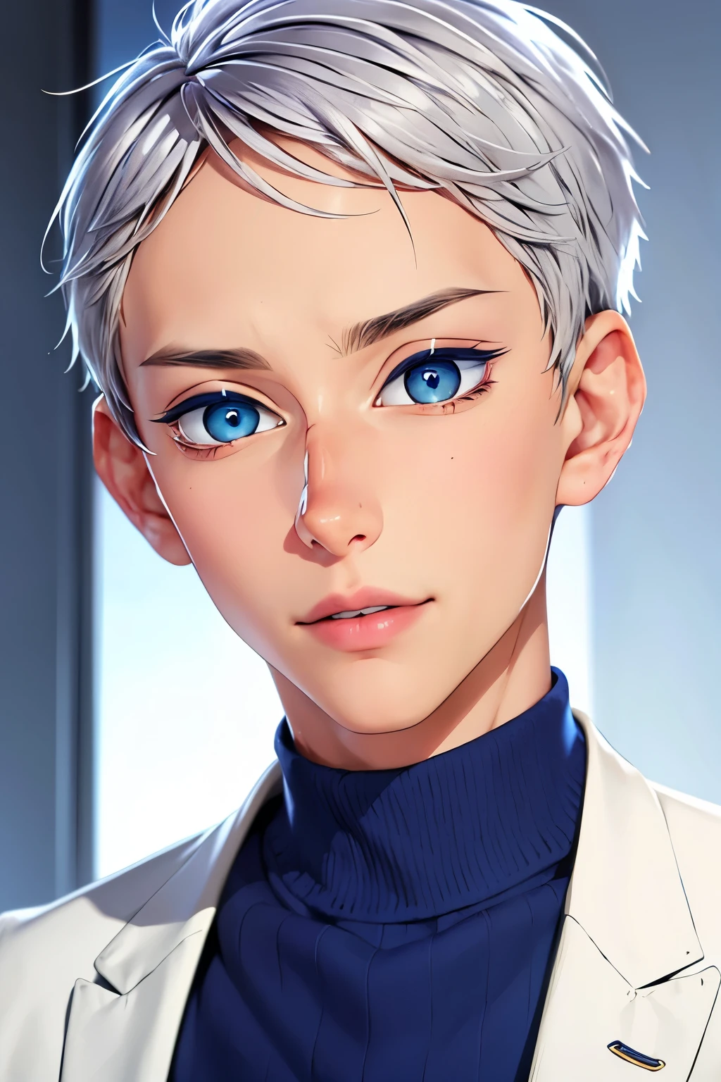 Boy, silver hair, blue eyes, serious sharp features, white skin, bright lips, handsome, sweater, formal jacket