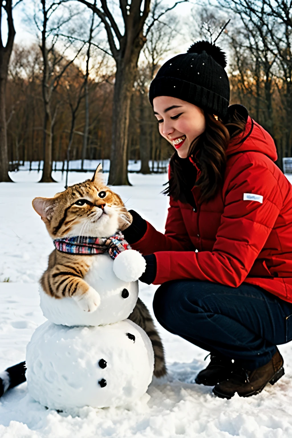 cute cat plays with snowman