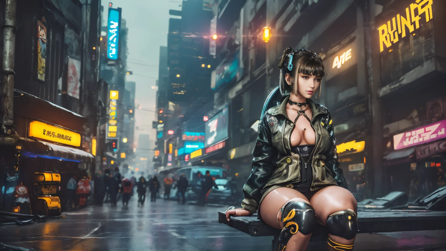 ((Masterpiece stunning Anime illustration)), ((2 extremely delicate and beautiful cybernetic Cyberpunk girl)), (2 girls), ((highly detailed face)), ((mechanical limb, mechanical vertebrae)), ((mechanical cervical attaching to neck)), (wires and cables attaching to neck:1.2), ((mass of wires and cables on head)), ((wearing colorful Harajuku tech jacket with logo)), (dynamic pose), ((cowboy shot)), (masterpiece), (((best quality))), ((ultra-detailed)), (highly detailed illustration), cinematic lighting, science fiction, extremely detailed,colorful,highest detail, (((cyberpunk city background, (Blade Runner), Harajuku district))), NSFW, eve , stellar blade, fringe hair, brown eyes, Woman sitting on her haunches, looking y at the camera,
