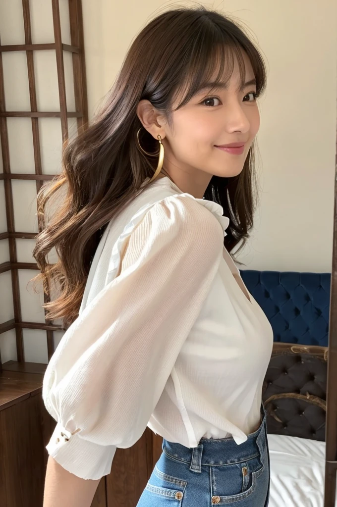 The jeans accentuate her hip,Lover's room,Apartment manager,((full body)),((photo)),((best qualtiy, 8K, tmasterpiece:1.3)), Focus:1.2, perfect figure beautiful woman:1.4,1woman,cowboy shot,look at viewer,incredibly absurd, beautiful and cute woman with a photorealistic face, showcasing top-quality craftsmanship, A Japanese woman inspecting the equipment in her room, 31 years old, shoulder-length, medium-long brown hair, wavy and shiny, with bangs, round face, big brown eyes, soft smile, neat eyebrows, small nose, plump lips, white skin, smooth skin, healthy complexion, healthy, glamorous, large butt, 157cm tall, G-cup breasts, white blouse, dark blue jeans, beige vest, small gold earrings, silver watch, pretty older woman, beautiful, married woman, neat, cute voice, calm, kind, responsible, curious, Gentleman, May