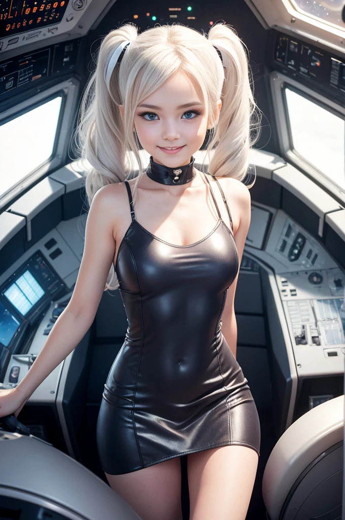 Best Quality, Masterpiece, 8k, RAW (overhead view) Cute white with hair tips, ribbons in her hair, -yeld wo, happy, Sexi and excited expression, smiling, in twin tails, perfect eyes, clear sparkling blue eyes, pale skin, silky smooth white skin, alabaster skin, flying a fancy metal luxurious space ship, futuristic cockpit, she's a pilot, outer space seen in windows, dark warm lighting, wearing a futuristic party dress, low cut top, pleated (chemise) transparent mini dress , silk, pantyhose, cute short cut booties, boots.Sexi posisions.