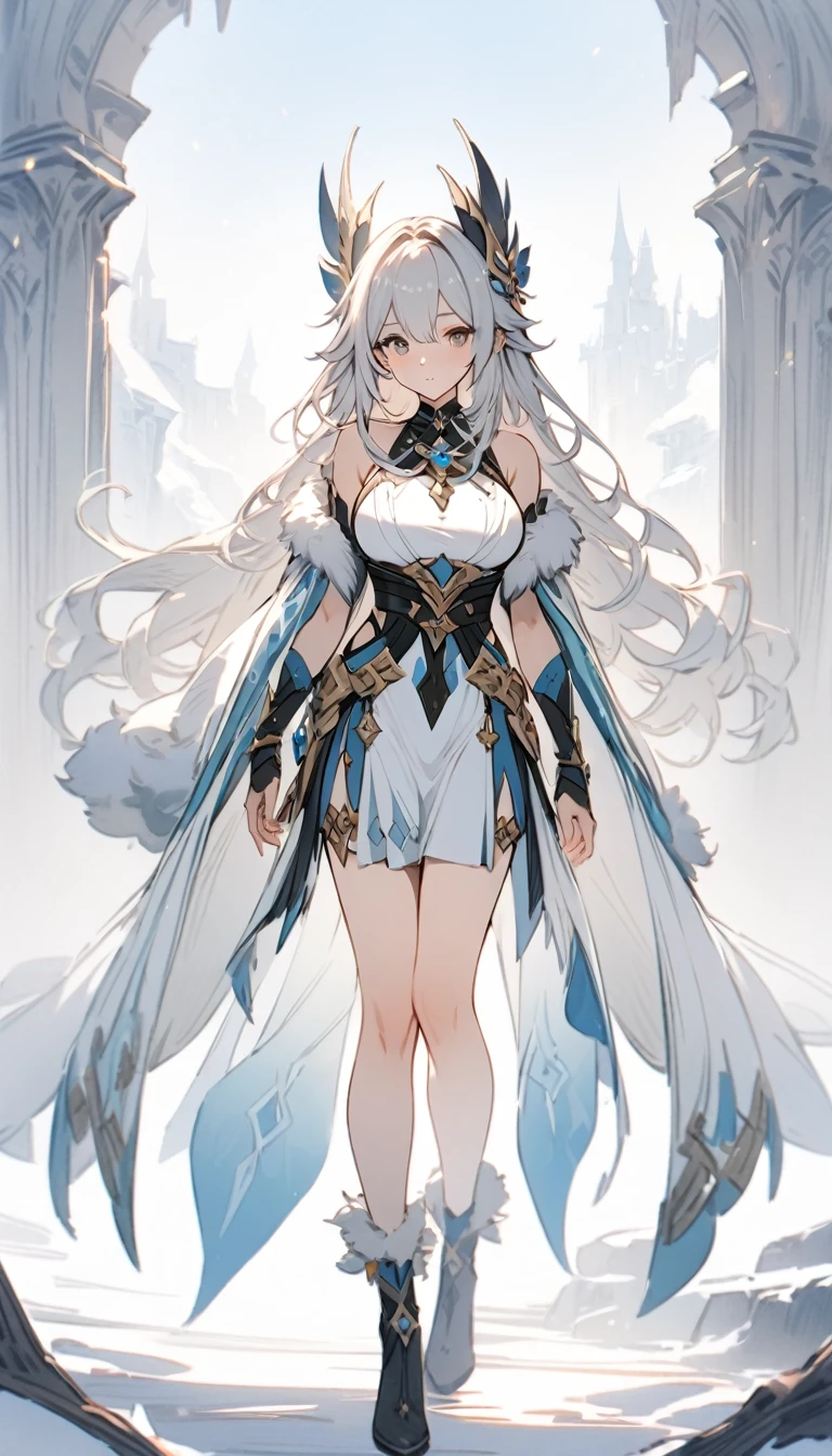((masterpiece)), ((best quality)), ((high resolution)), full body, standing, white backgroun, fantasy, genshin clothes, genshin outfit, fantasy theme, large breast, long hair, fur cloak 