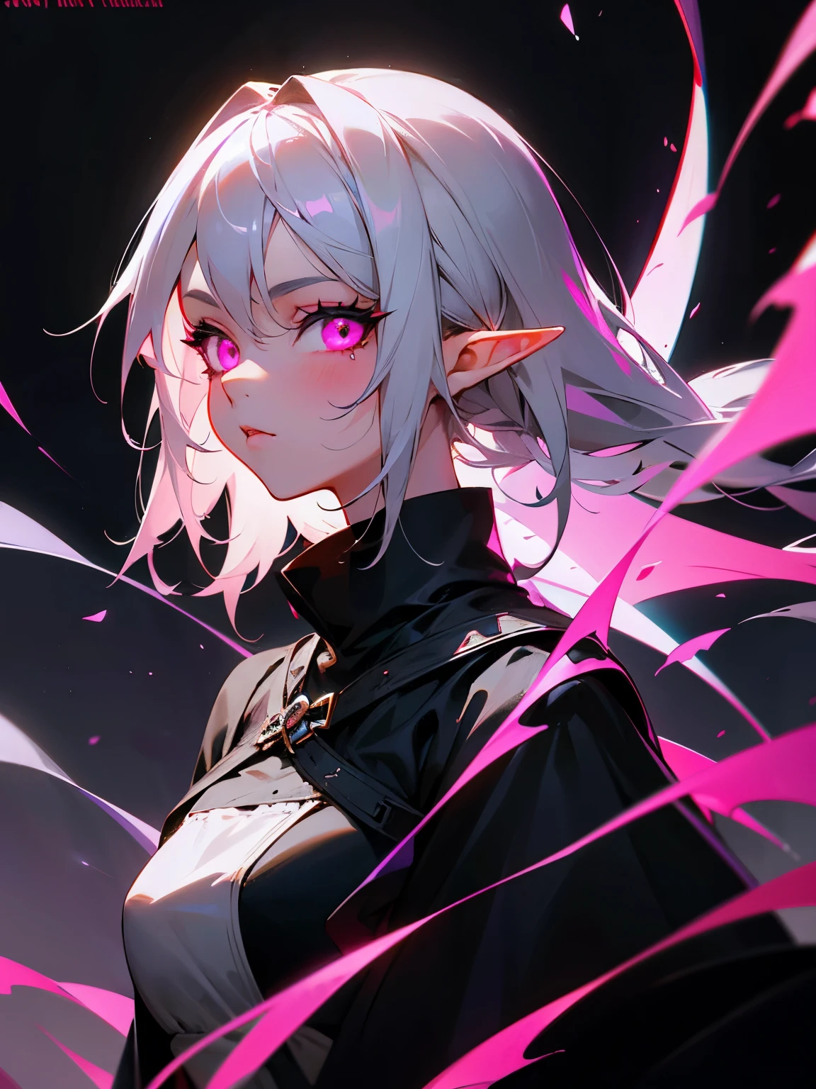 Elf Girl, Girl with Gray hair, pink eyes, neon eyes, shining eyes, standing, medieval dress looking at viewer, digital art, masterpiece, sharp, black background, close look, no background, portrait,