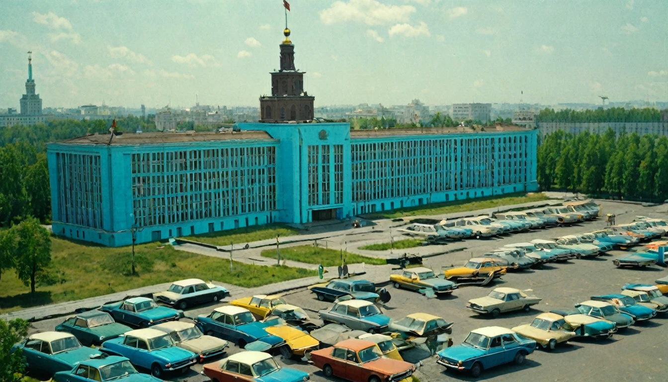 A color photo in the style of the USSR from the 1980s, showing a bright blue VAZ 2101 standing in the parking lot near the Ministry of Internal Affairs building. photo from above