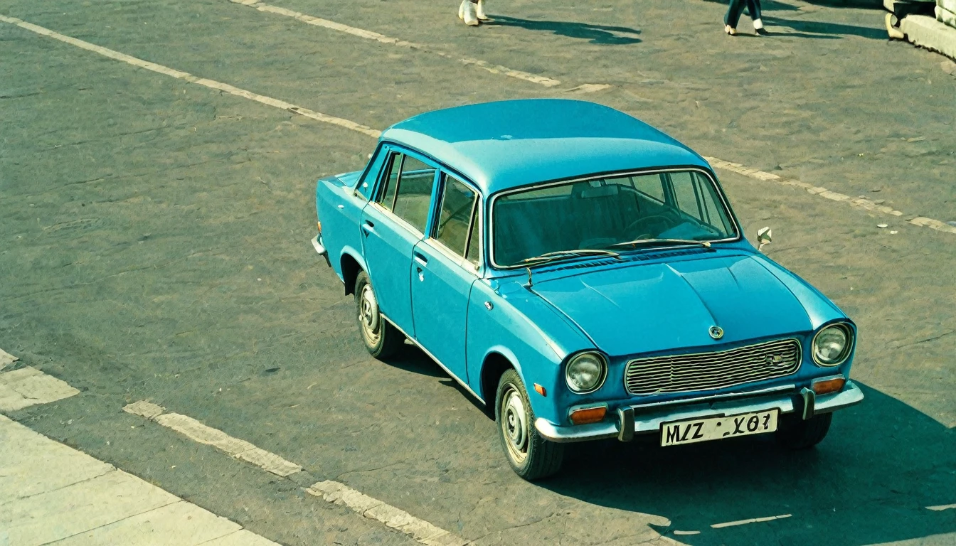 A color photo in the style of the USSR from the 1980s, showing a bright blue VAZ 2101 standing in the parking lot near the Ministry of Internal Affairs building. photo from above
