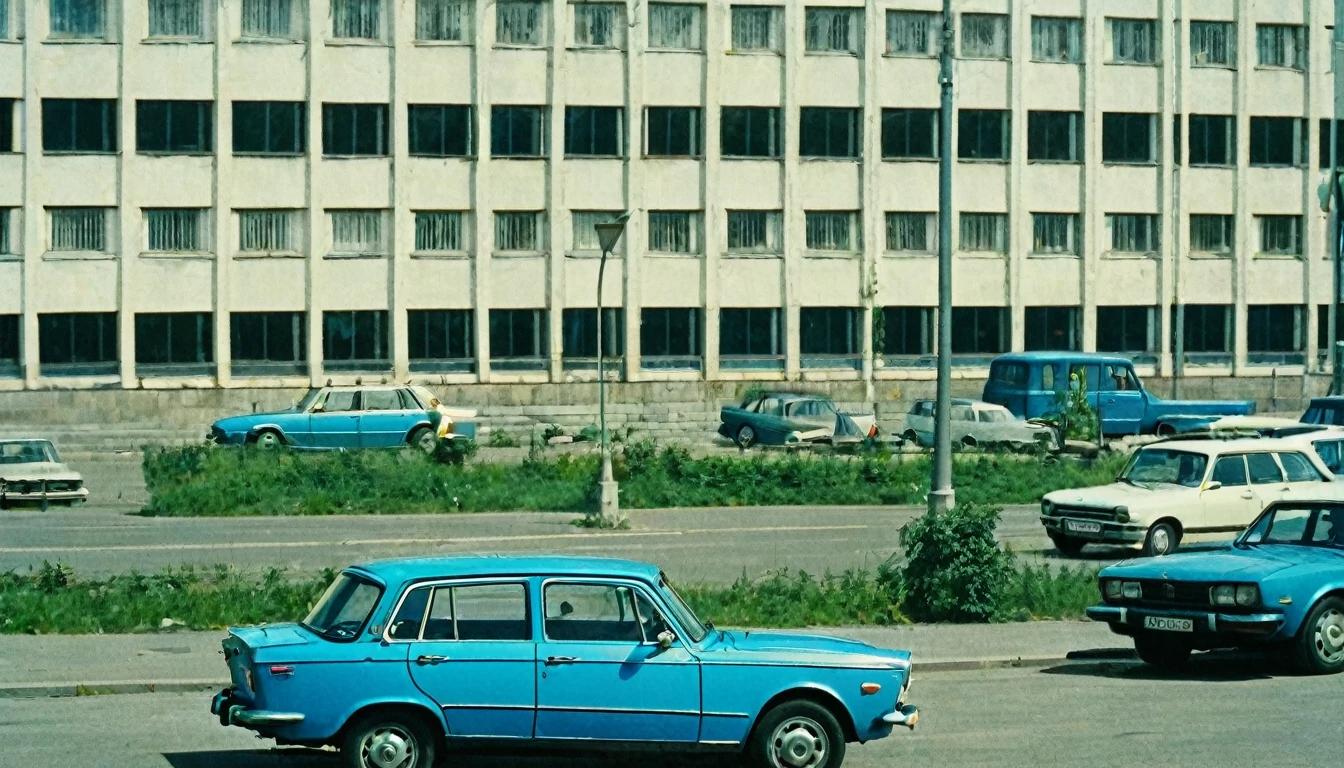 A color photo in the style of the USSR from the 1980s, showing a bright blue VAZ 2101 standing in the parking lot near the Ministry of Internal Affairs building. photo from above