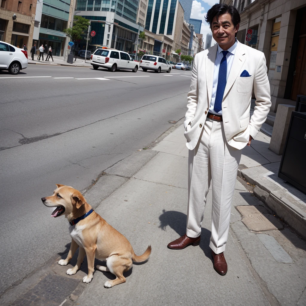 vintage, a man linen white blazer trousers, city day light , close angle shot