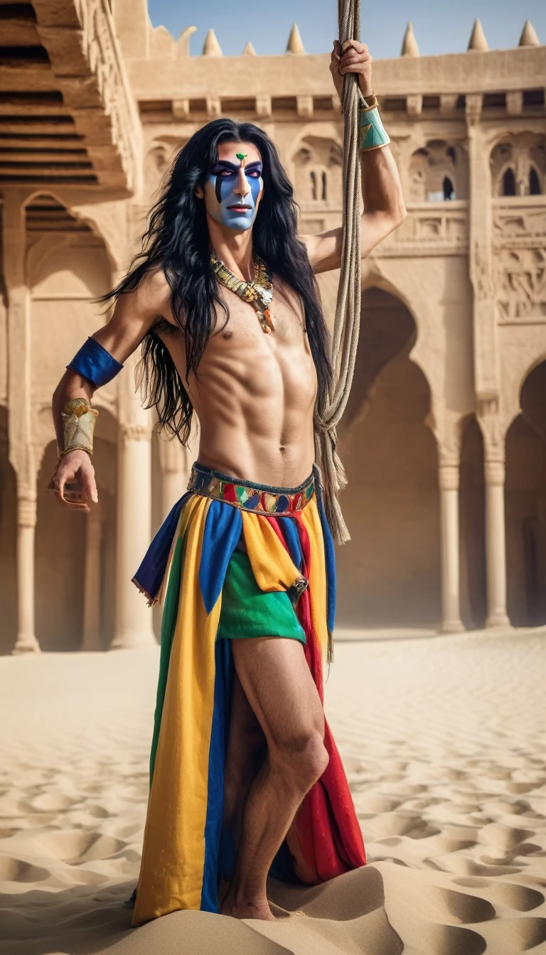 Arab court jester, Man, tall with long black hair, with bright makeup, naked to the waist in a long skirt, saber hanging from waist, in the sand palace