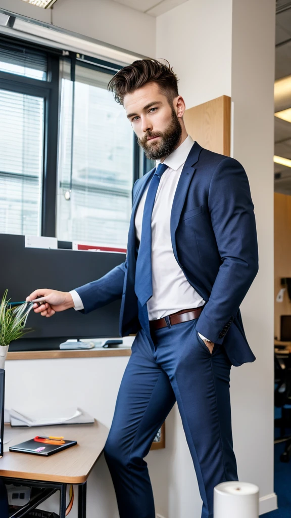 A sexy british male model, with gorgeous face and stylish black hair and short beard wearing a suit, homoerotic, nsfw,in office, showing his ass
