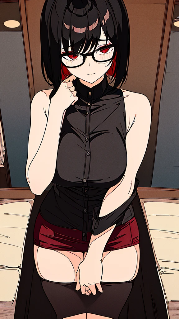 (NSFW)((Best Quality)), ((Masterpiece)), (Detailed), woman with short black hair with glasses, very white skin, red eyes, with a too short miniskirt, with a scared expression and crying in pain for losing her virginity, she feels alone and has no help but also a sexualized expression, just woke up