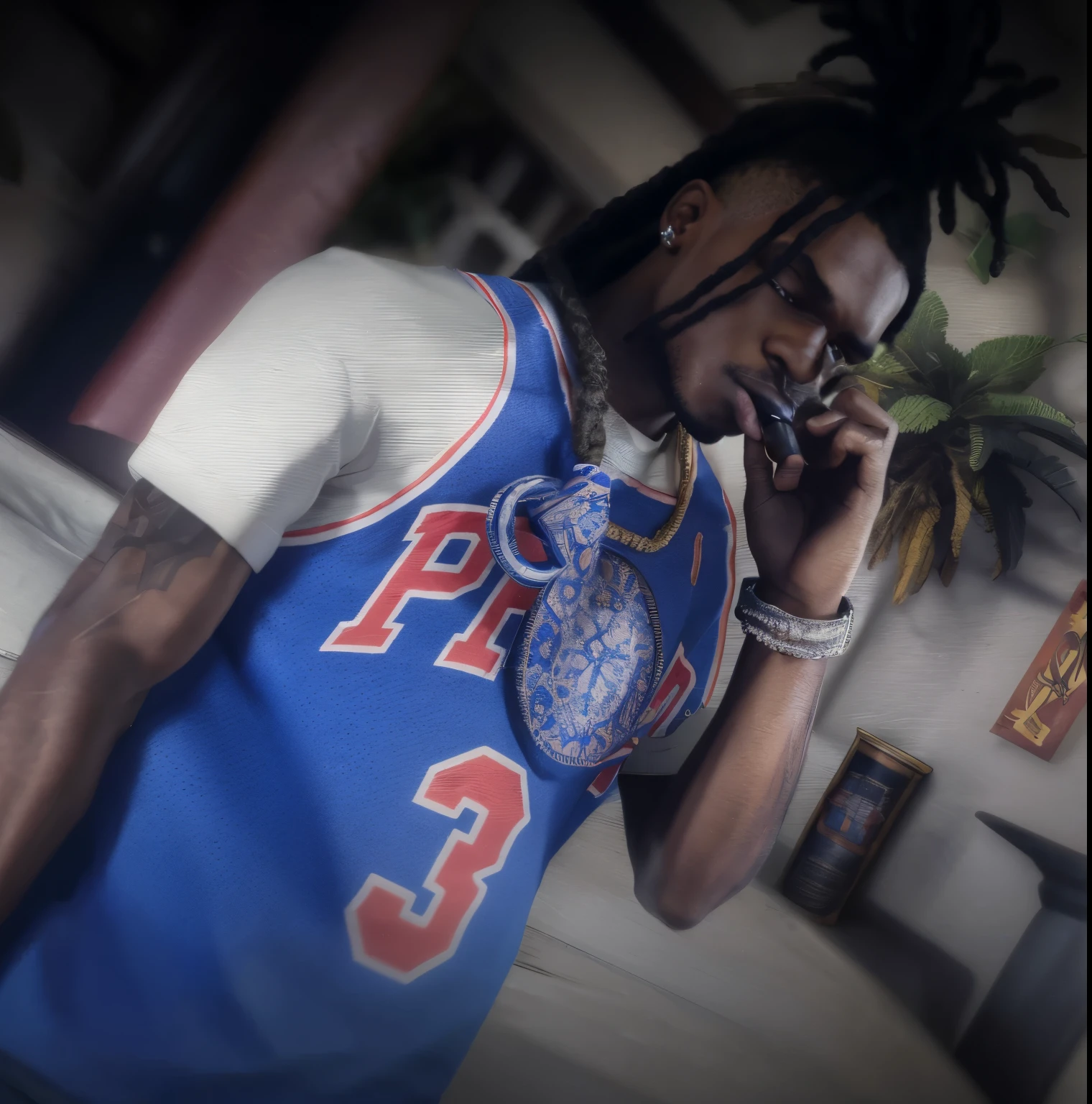 a highly detailed and realistic photograph of a cartoon character, photorealistic, 8k resolution, extremely detailed facial features, beautiful eyes, realistic skin texture, detailed clothing, intricate background, dramatic lighting, cinematic composition african american male smoking a blunt with dreadlocks hairstyle