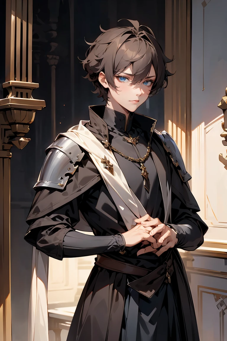 male character, royalty, prince, short hair, cold gaze, medieval aesthetics, luxurious clothes, looking down, armor pieces, crown, cold colors, celshaded, ashy colors, mysterious vibe, sharp eyes, bishonen, dark brown hair, messy hair, intense eyes, condescending pose and expression, prideful character. arrogant, young adult, dark medieval inspiration