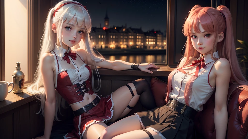 white-haired and red-haired Europeans girls, Europeans girls, cute, young, with long hair, sleeveless jackets, pleated skirt, cropped tops, night time, smiling, stockings with garters, flirt with you, seduce you