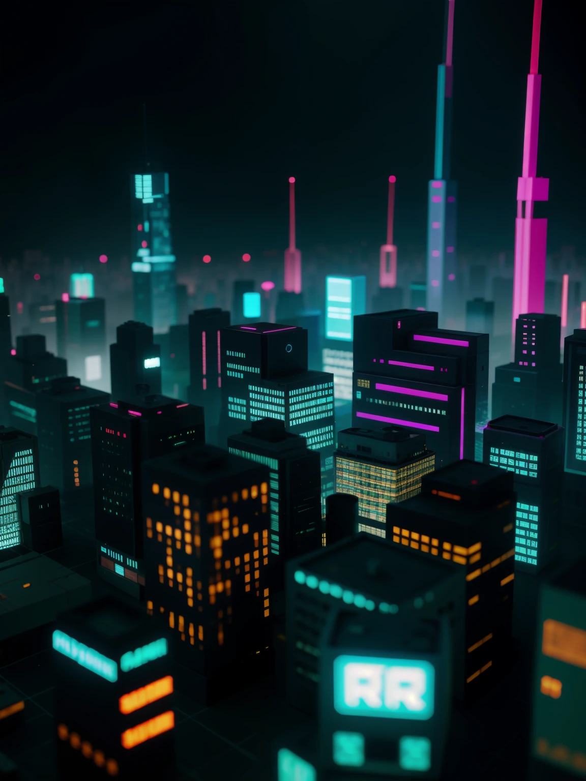 close up of a cyberpunk city made from ral polygon, fotografia tilt-shift