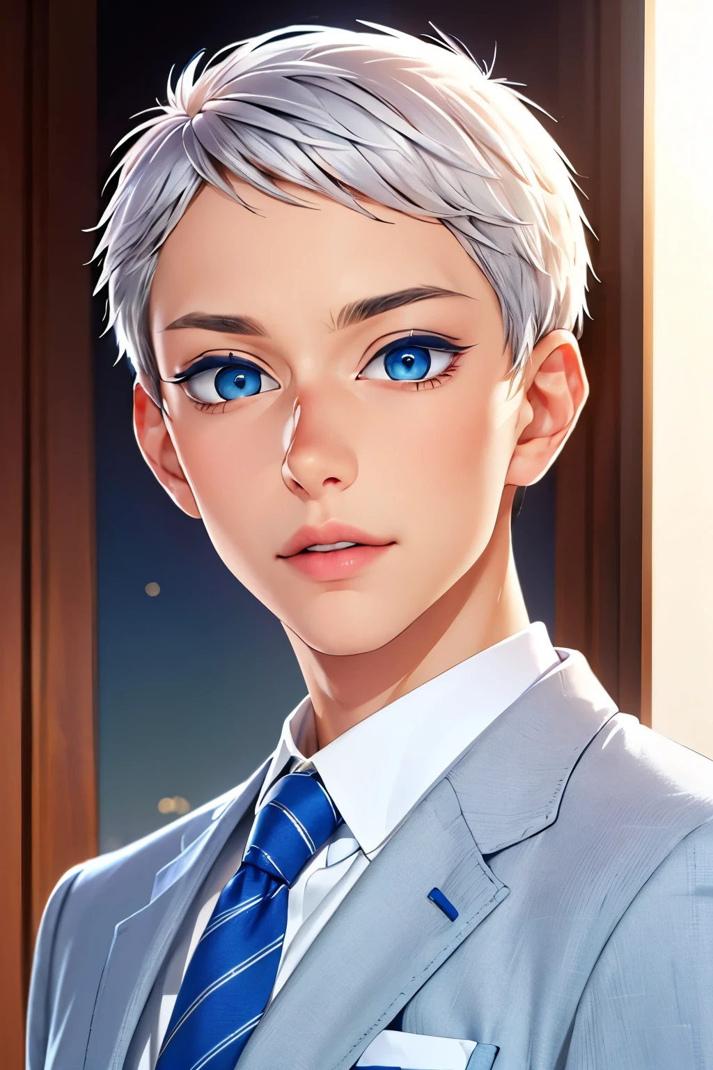 Boy, silver hair, blue eyes, serious sharp features, white skin, bright lips, handsome, sweater, formal jacket