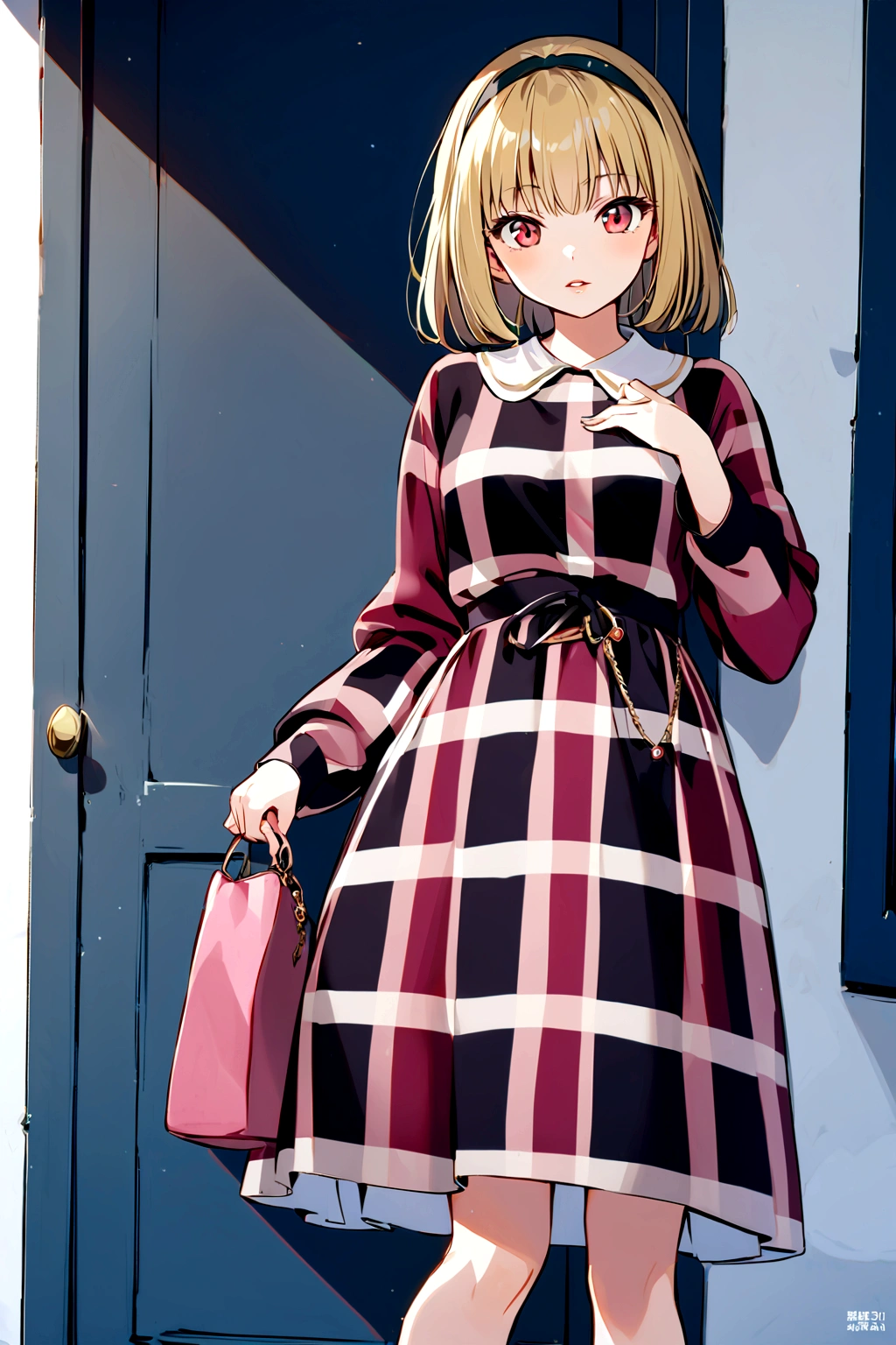 (Houjou_Satoko), 1girl, solo, (Blonde Hair), Red eyes, short hair, hair band, Small breasts, I'm 11 years old, 1girl, solo, looking at viewer, bangs, dress, holding, standing, parted lips, bag, lips, plaid, handbag, holding bag, plaid dress