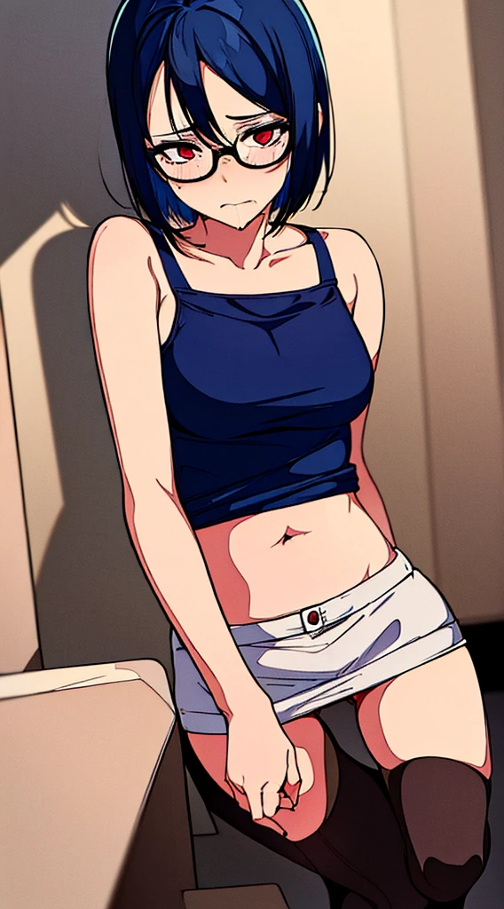 (NSFW)((Best Quality)), ((Masterpiece)), (Detailed), woman with short blue hair with glasses, very white skin, red eyes, with a too short miniskirt, with a scared expression and crying in pain for losing her virginity, she feels alone and has no help but also a sexualized expression