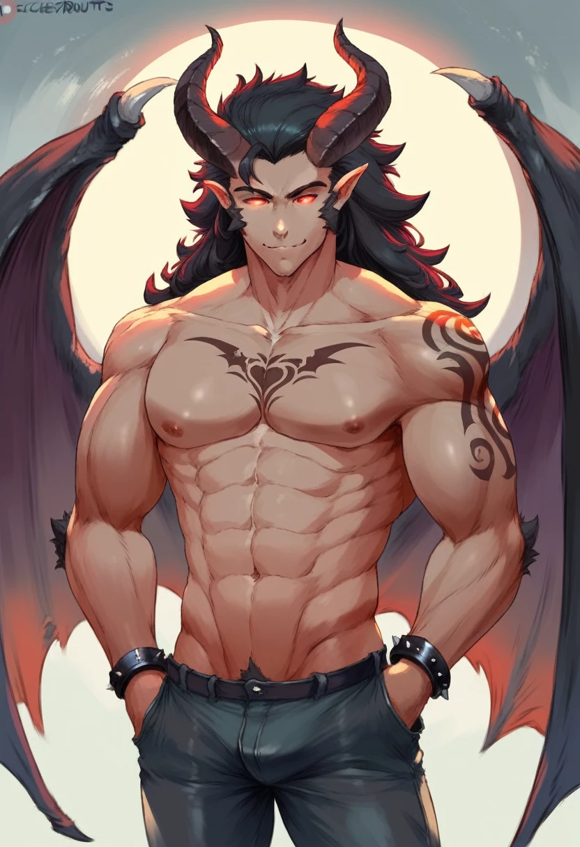 cutesexyrobutts style, 1boy, male_focus, horns, solo, black_hair, long_hair, wings, demon_boy, smile, red_eyes, colored_skin, abs, glowing, topless_male, looking_at_viewer, spikes, demon_wings, muscular, demon_horns, pants, bracelet, glowing_eyes, pectorals, black_pants, spiked_bracelet, tattoo, demon