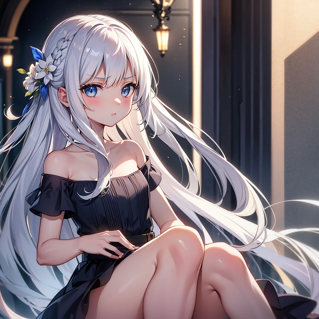 noble girl
BREAK long white-silver hair, braid, side bangs, hair ornament, flower hair clip, blue eyes, thin lips, small , thin thighs
BREAK casual dress, gold ring, sleeveless dress, dark blue dress
BREAK looking at viewer, upper body, blush, quite annoyed face