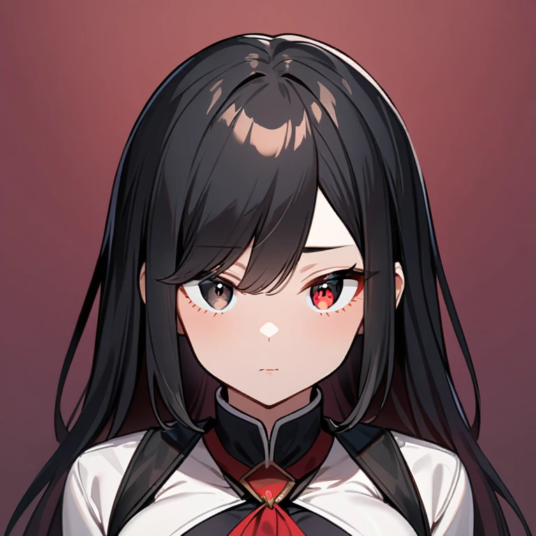 1girl,Solo,(red eyes and black eyes:1.3),light hair,grey eyes,best quality, very aesthetic, absurdres,eyes,breasts,attractive,adorable,simple,side locks,sideburns,bigbreast,(Gradient hair),(black hair:1.3),(Androgynous:1),(straight on),big breast,Good skin,straight hair,looking at viewer (red and black),(upper body,(wide)