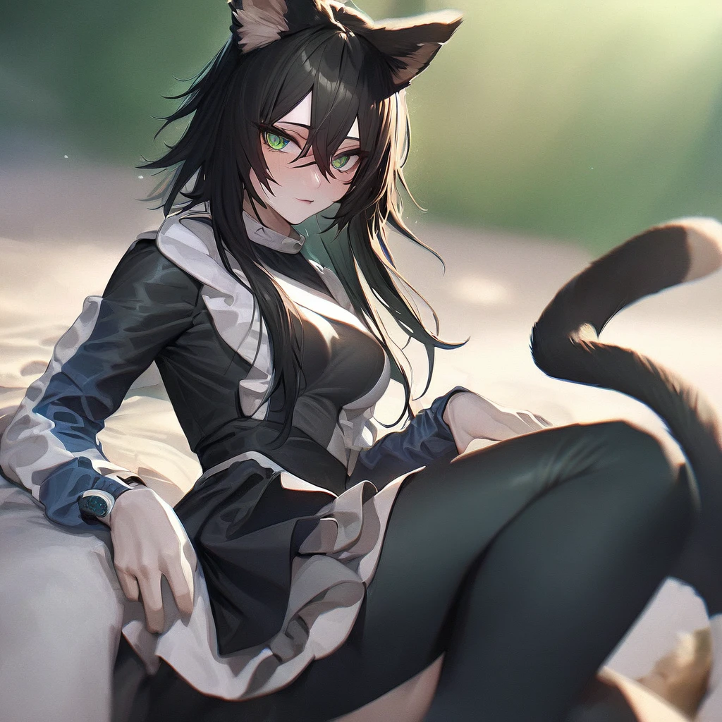 absurd, high definition, ultra detailed, HDR, masterpiece, extremely detailed face and eyes, perfect face, Ulquiorra Cifer, black hair, hair between eyes, expressive green eyes, pale skin, cat ears, big bushy tail, Bleach, solo, sexy man , handsome, white coat, tight black shirt, patterns, in wonderland, watch