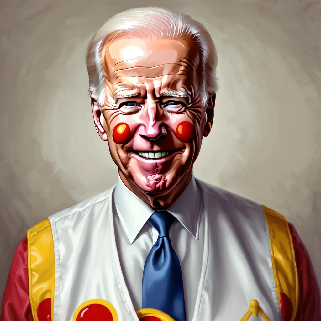 Create an amazing image of Joe Biden as Ronald McDonald's art style