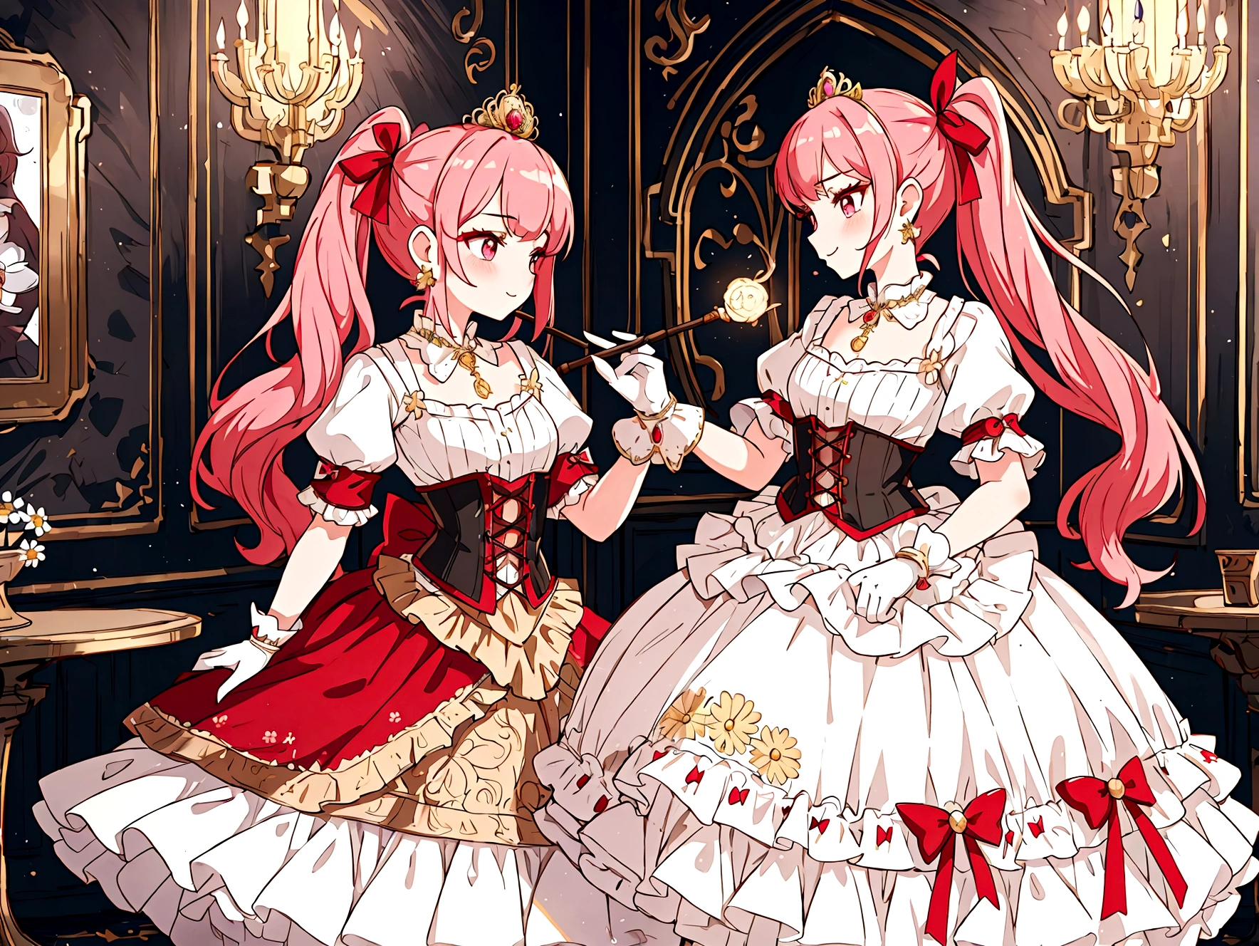 (best quality,4k,8k,highres,masterpiece:1.2),ultra-detailed, Pretty  princess, drawn in anime style, is cute and happy, long red pigtails hair, pink eyes, small breast, makeup and lipstick, steampunk, red and white ball gown with puffy sleeves, physically-based rendering,gorgeous frilly dress design,flowing gown,elaborate lace details,rich textures,contrast stitching,delicate ribbon bows,floral accents, daisy flowers embroidery, full skirt,short sleeves,fitted waistline,flared cuffs,lace-up back,luxurious fabrics,flawless silhouette, petticoat, bloomers, bustle, corset, hair ribbons, white elbow gloves, ruby earrings and necklace, gold tiara, high heels, holding a fire magic wand, standing in castle bedroom, highly detailed, 4K.