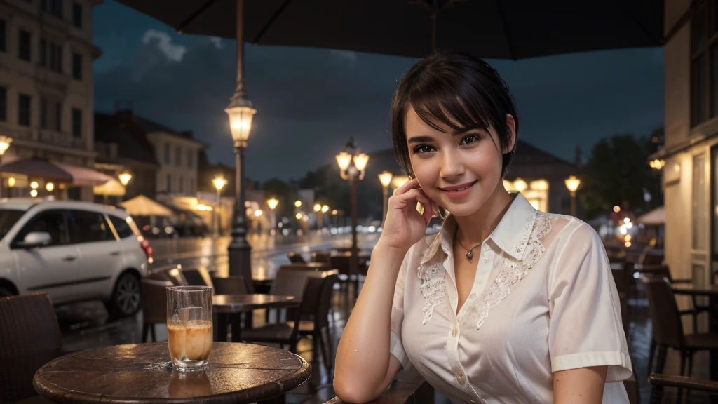 (8k, Best Quality, Masterpiece: 1.2), (Realistic, Photorealistic: 1.37), Super Detailed, 1 Girl, Cute, Alone, Beautiful Detailed Sky, Detailed Cafe, Night, Sitting, Date, ( Nose blush), (smile: 1.15), (close mouth) small breasts, beautiful details, (collared shirt: 1.1), night, wet, business wear, rain, white lace, (short hair: 1.2), floating Hair NovaFrogStyle,