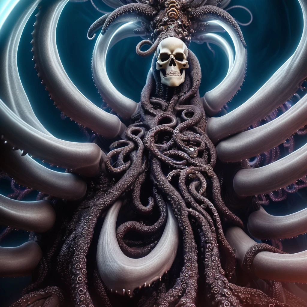 a close up of a person standing in front of a skeleton, fine details. anime. tentacles, nine tails, long shot jorogumo, spiky tentacles, pain from naruto, huge tentacles, his trunk is a huge tentacle, tentacles climb from the portal, tentacle beast, giant tentacles, tentacle monster