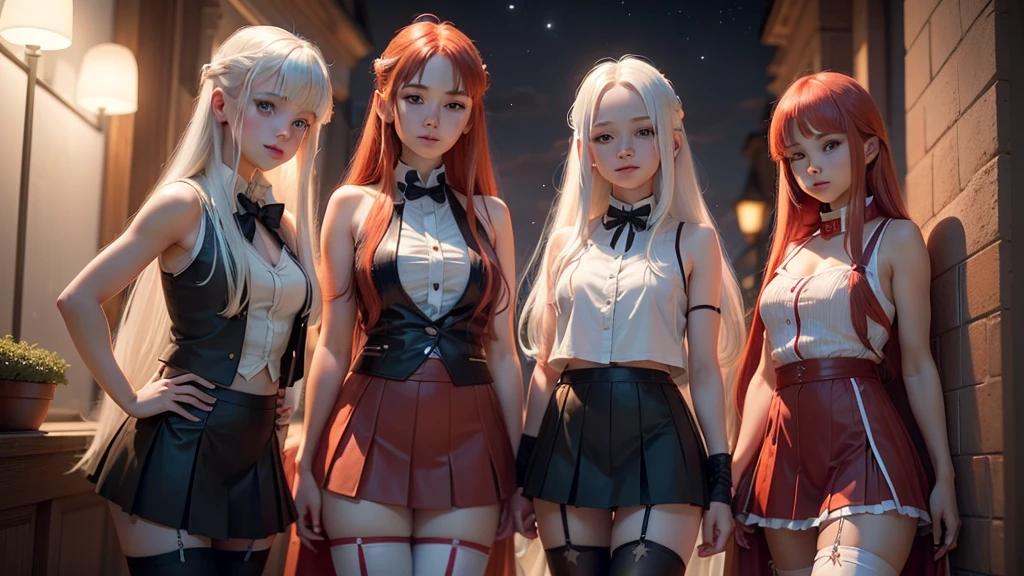 white-haired and red-haired Europeans girls, Europeans girls, cute, young, with long hair, sleeveless jackets, pleated skirt, cropped tops, night time, smiling, stockings with garters, flirt with you, seduce you