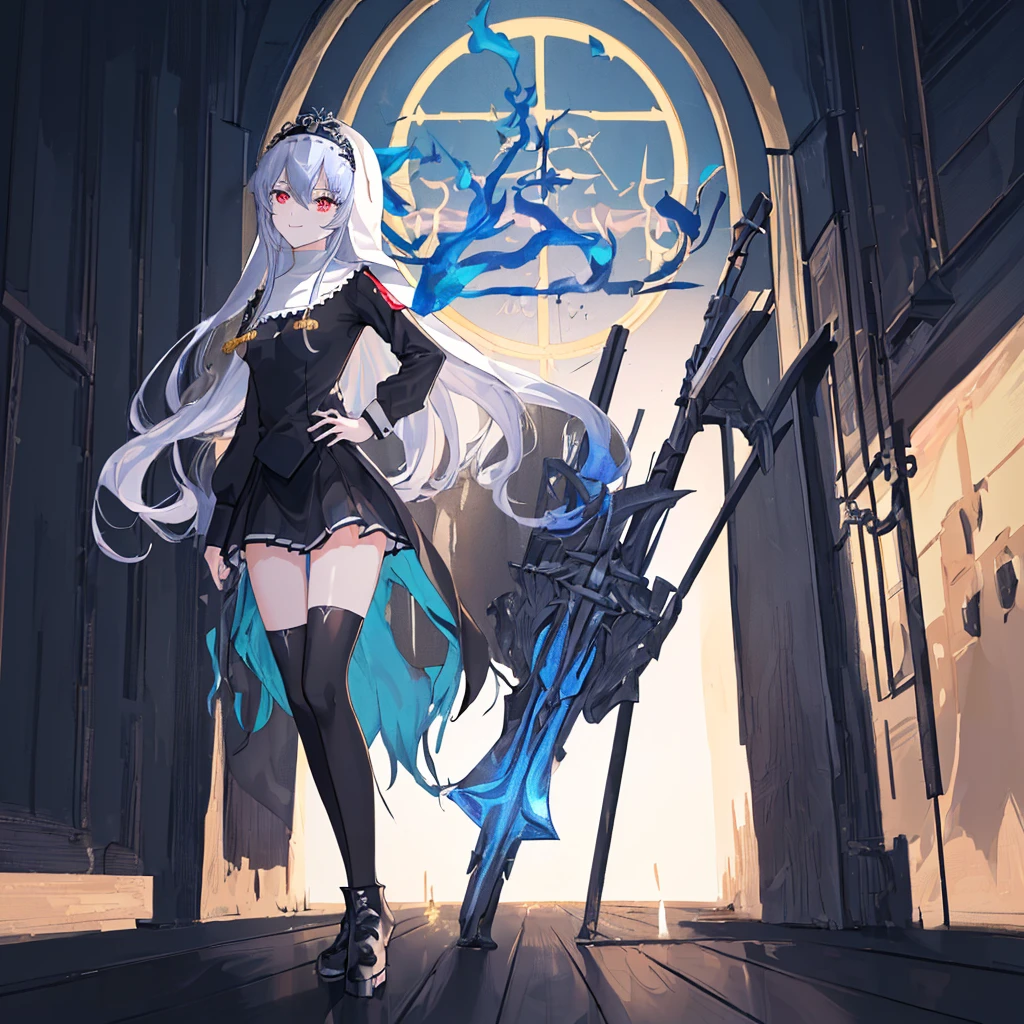 [(cathedral background:1.4)::5],Original,(Illustration:1.1),(Best Quality),(masutepiece:1.1),(the Extremely Detailed CG Unity 8K Wallpapers:1.1), (Colorful:0.9),(mid-shot:0.95),(Full body:1.5),Dynamic Angle,(Solo:1.2), (girl),(((Adult))), (Detailed beautiful eyes:1.15), (Beautiful face:1.15), (Glowing black eyes:1.25////),(Blue Long Hair),(nun headdress),(+perfect hand+:1.21),(Draw an illustration of a Holy Knight Wizard),(Religious),(slender),(she has boots on her feet),((I'm wearing black knee-high socks)),Smile,(Ruffled miniskirt with metal embellishments),beautiful slender adult,((theater background)),