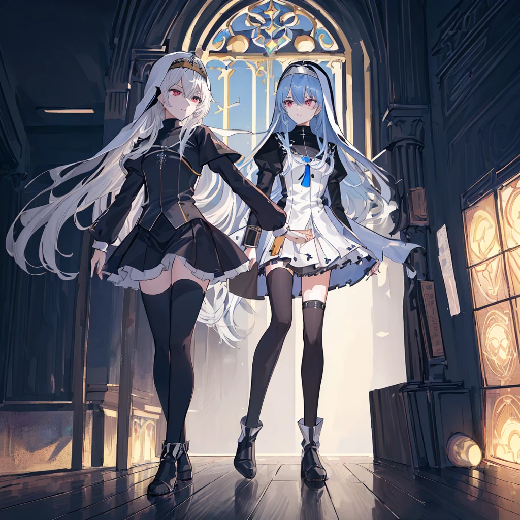 [(cathedral background:1.4)::5],Original,(Illustration:1.1),(Best Quality),(masutepiece:1.1),(the Extremely Detailed CG Unity 8K Wallpapers:1.1), (Colorful:0.9),(mid-shot:0.95),(Full body:1.5),Dynamic Angle,(Solo:1.2), (girl),(((Adult))), (Detailed beautiful eyes:1.15), (Beautiful face:1.15), (Glowing black eyes:1.25////),(Blue Long Hair),(nun headdress),(+perfect hand+:1.21),(Draw an illustration of a Holy Knight Wizard),(Religious),(slender),(she has boots on her feet),((I'm wearing black knee-high socks)),Smile,(Ruffled miniskirt with metal embellishments),beautiful slender adult,((theater background)),