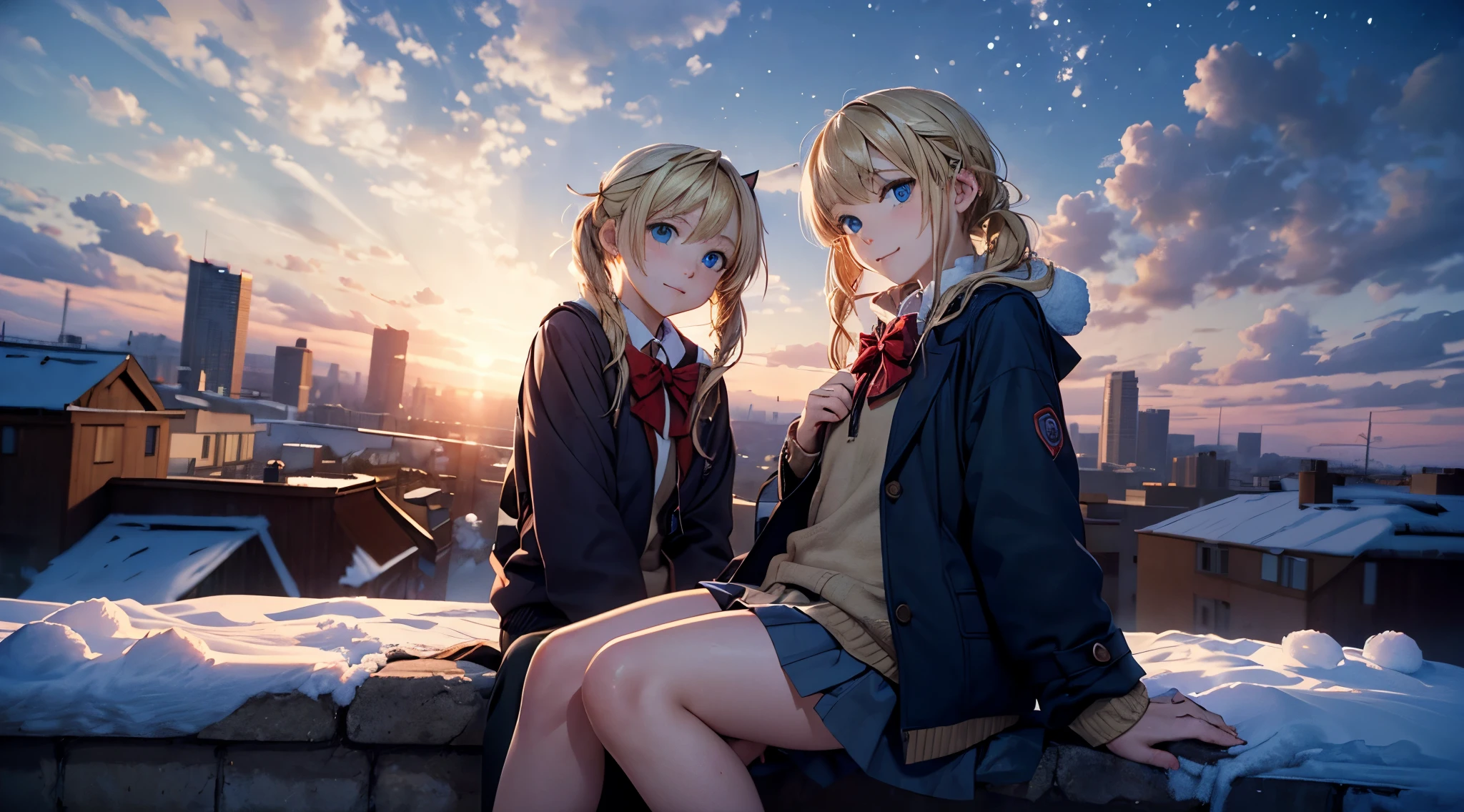 fullnude, masutepiece,8K,octans, Skysky, stele(Skysky), landscapes, starrysky, natta, looks at the camera, (Legs without stockings:1.iercing gaze, nigh sky, report, plein air, built, clouds, milkyway, City, silhuette, Cityscape,(Short, Low twin-tailed blonde hair:1.2), (Deep Blue Eyes:1.3, piercing gaze, small smile, (winter school uniform:1.1)