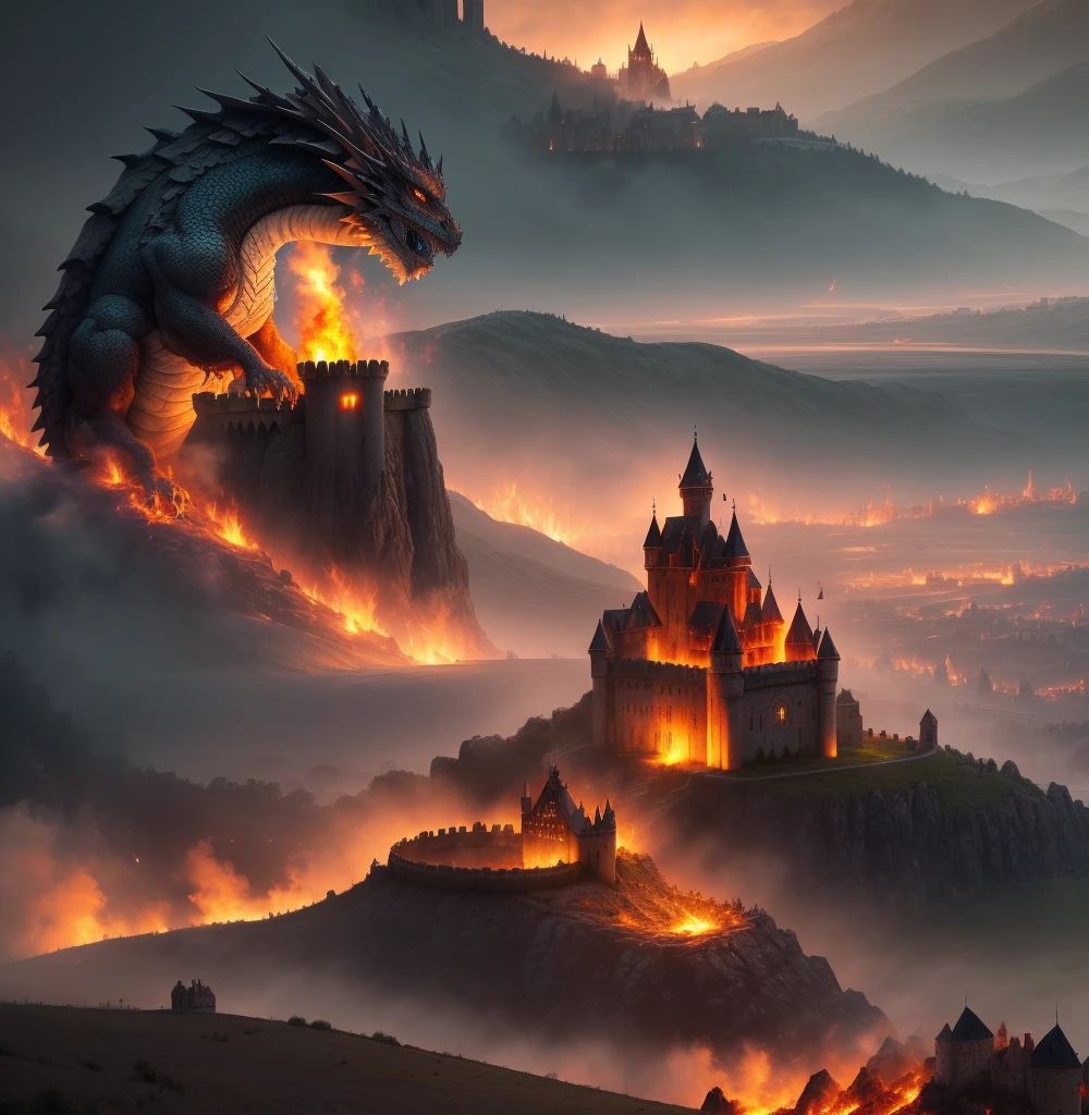 a roaring dragon spitting fire, open fields, burning castle in the background, castle in flames, burning village, wings spread, at dawn,
dark setting,
photorealistic, hires, 8k, best quality, finely detailed