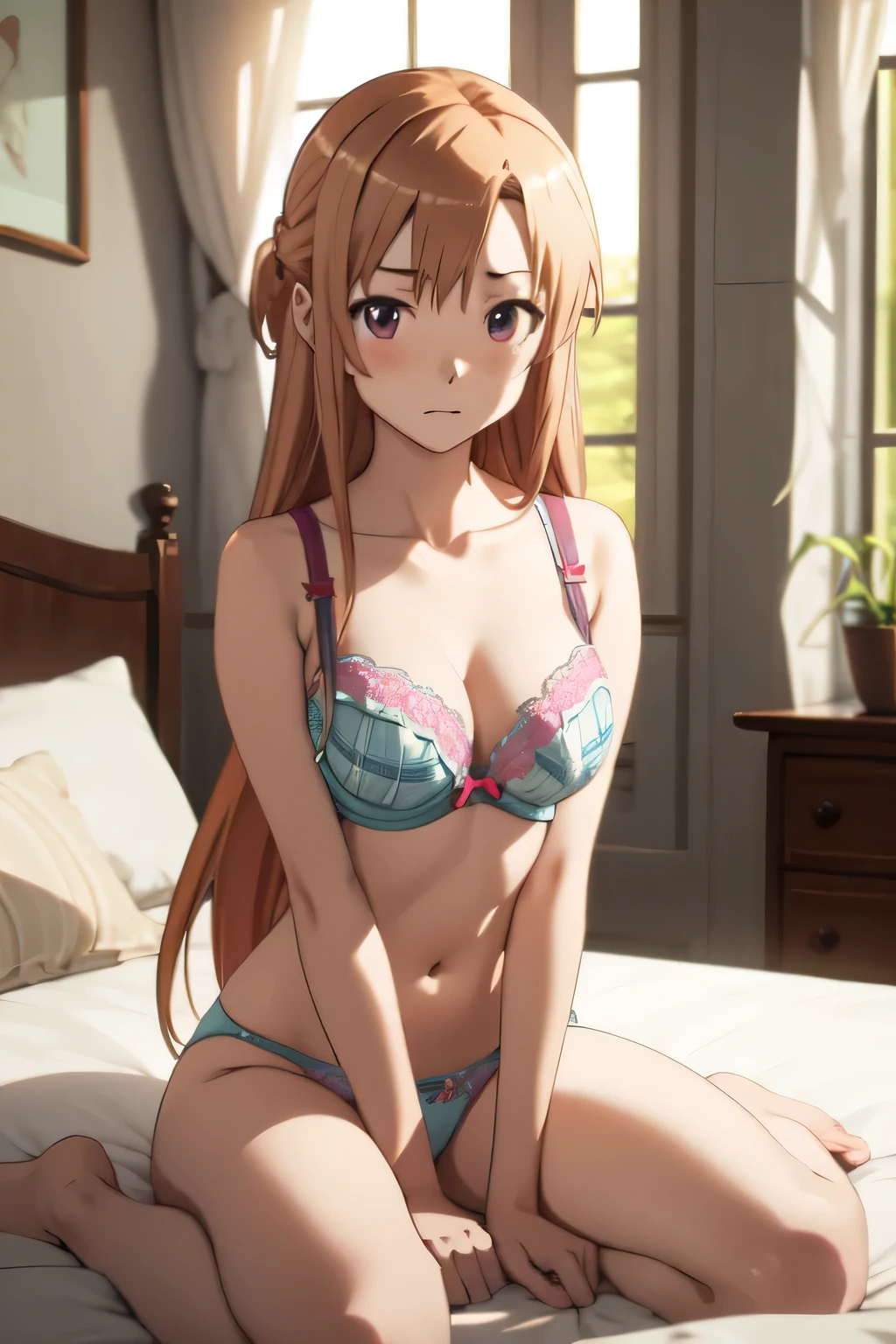 Very detailedな, Very detailed, 8k, A hyper-realistic portrait of yuuki asuna, beautiful girl, Sit on the bed with your knees up, Spread your legs, masterbation on the bed, Luminous effect, Detailed white bra and panties, full body,Super detailed,Very high quality, Embarrassed,Blushing,