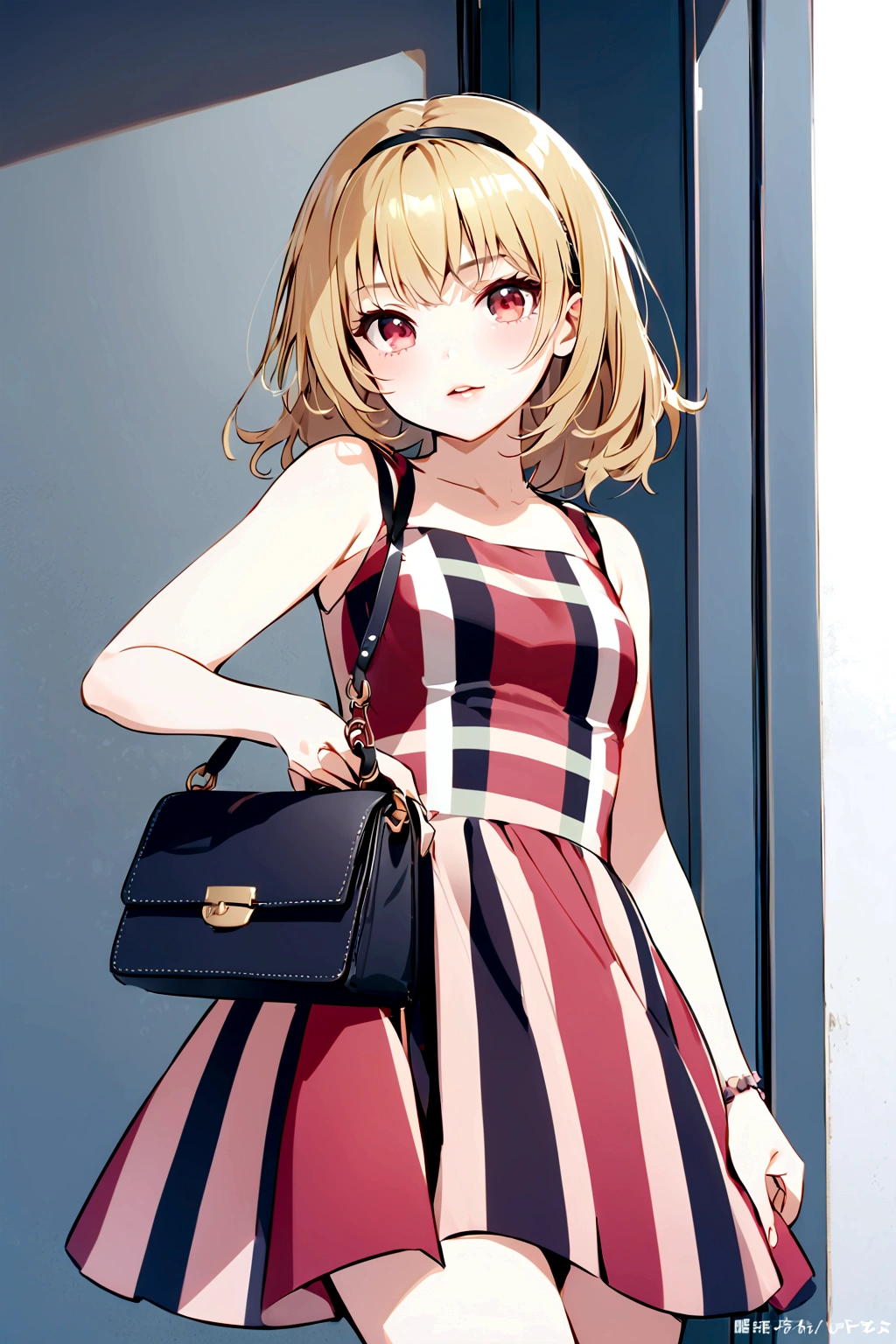 (Houjou_Satoko), 1girl, solo, chibi, (Blonde Hair), Red eyes, short hair, hair band, Small breasts, I'm 11 years old, 1girl, solo, looking at viewer, bangs, dress, holding, standing, parted lips, bag, lips, plaid, handbag, holding bag, plaid dress