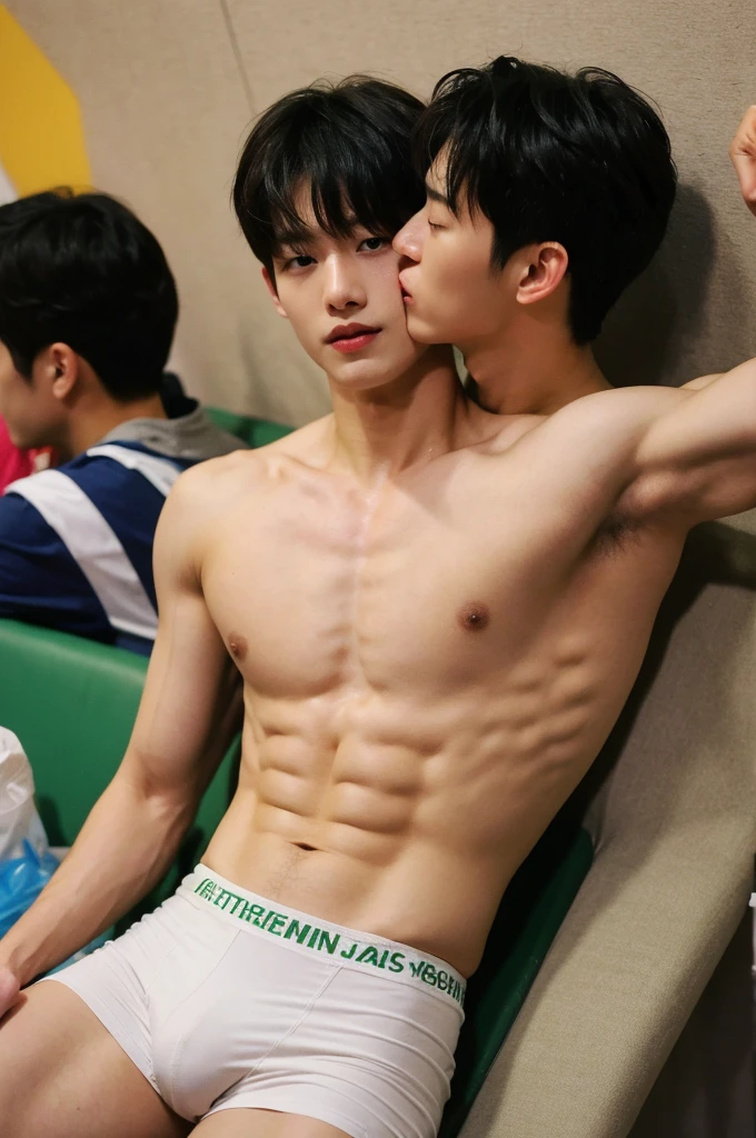 Two Young Korean male models, kissing, six pack, muscle, bangs, a bodybuilder body, topless, white jockstrap, thong, a cute and sexy face and a middle part looking horny, subway,