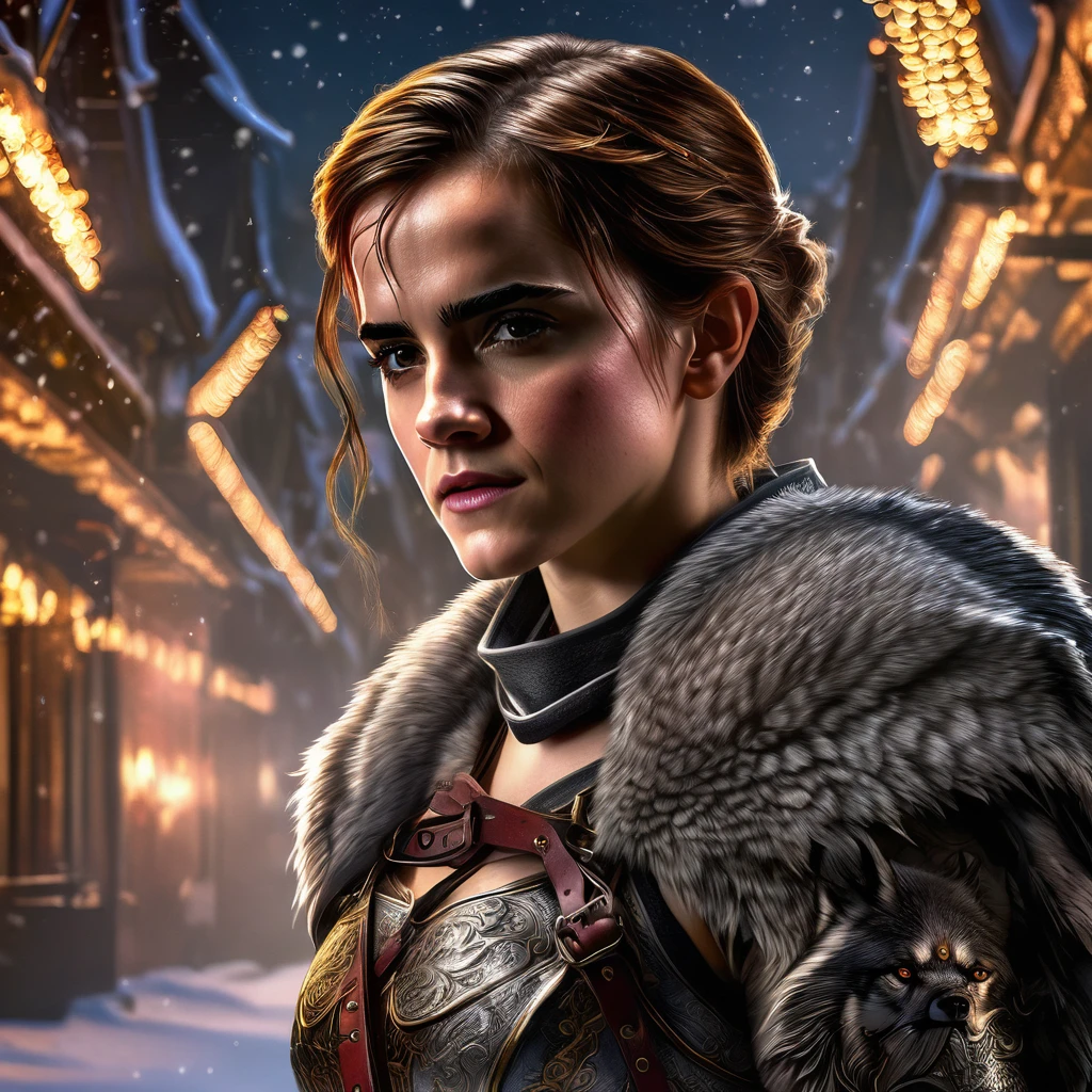 4k highly detailed realistic digital extremely high quality RAW photograph, a portrait photo of Emma Watson that lived with wolves her whole life is now leading them to battle. torn clothes exposing (nude:1.4) body, armored pauldrons, fangs, curled horns, big breasts, ((snow and blood)), ((wolf tattoos)), epic, hyperrealistic, hyperrealism, 8k, cinematic lighting, greg rutkowski, wlop, (f1.8 short focus bokeh)
