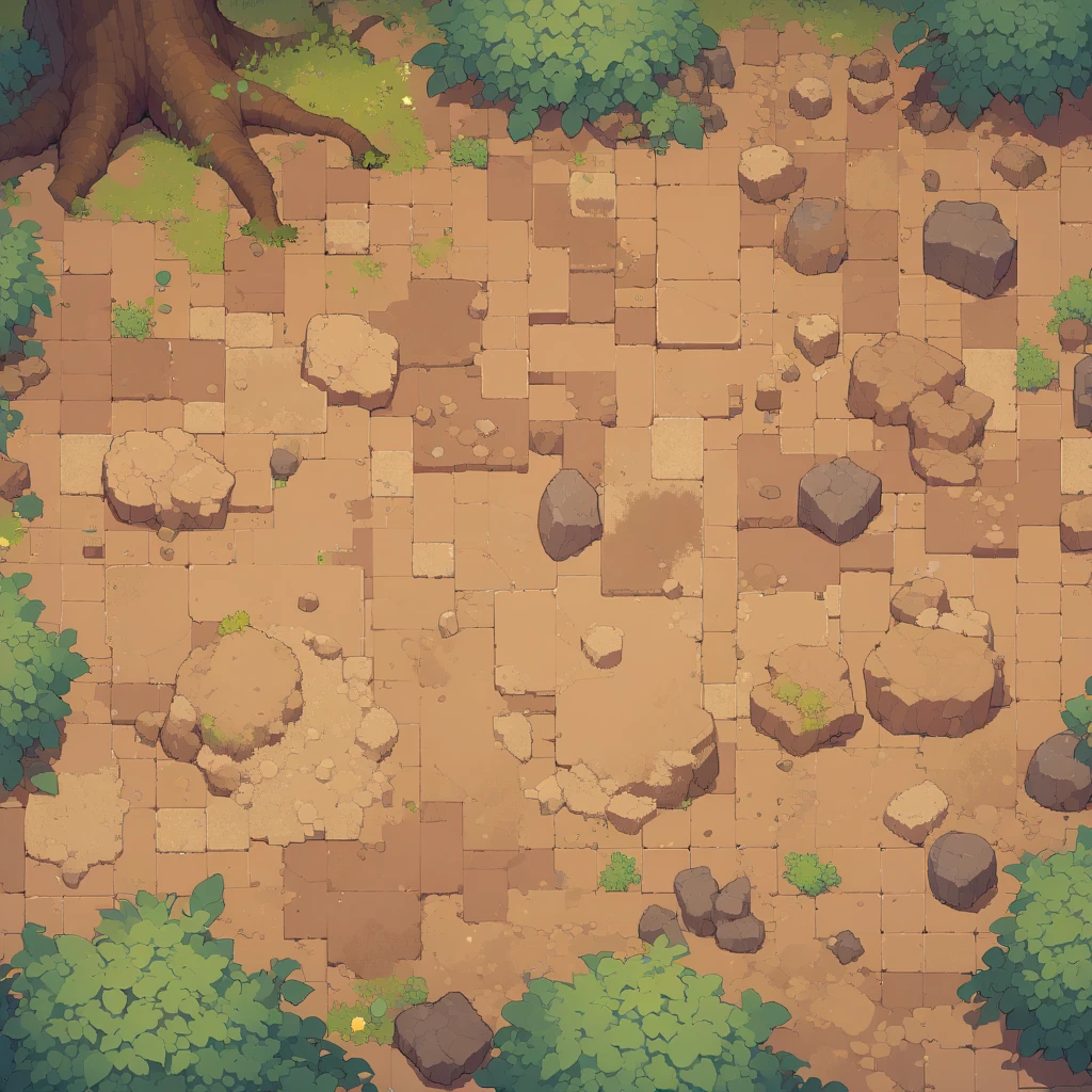 retro video game style,pixelated graphics,vibrant colors,8-bit characters,blocky shapes,sharp lines,detailed shading,classic gaming vibe,nostalgic atmosphere,classic arcade games,masterpiece:1.2,ultra-detailed,illustration style, 2d texture, clay texture, stone texture, 4 k seamless mud texture, video game texture, dirt texture, clay material, flat texture, grass, trees, rock texture, rocky ground, forest, topdown view, game texture, background art, ground very detailed, dirt, floor texture, tileable texture, flowers, bushes, shrubs, intricate ground stone, top down view, 3/4th perspective
