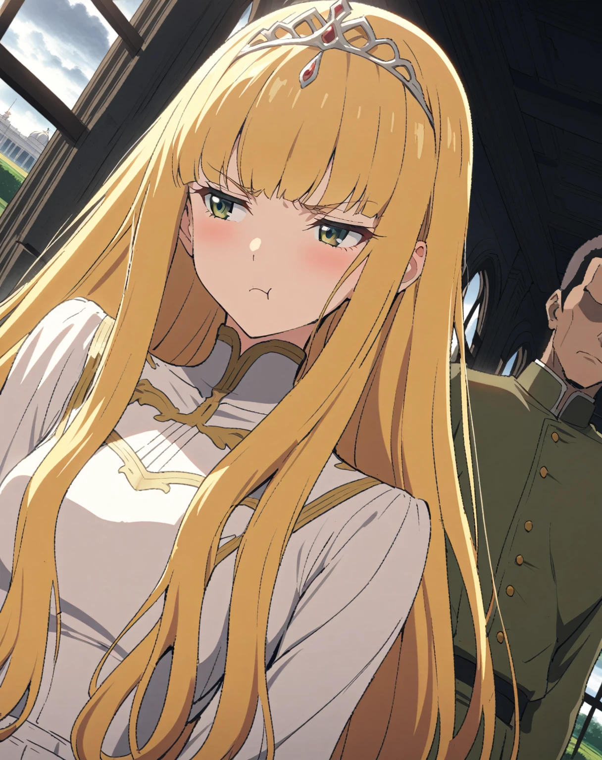 {{portrait, dutch angle}} {{Artist: Sincos}} 1 woman, 2 guards on either side restraining her, 2 men wearing armor, mature female, elegant, princess, medium breasts, straight hair, golden hair, long hair, hime cut, green eyes, white dress, gold trim, tiara, looking to side, pout, restrained by two men, faceless male, outdoors, garden, palace, cloudy, moonlight, window.