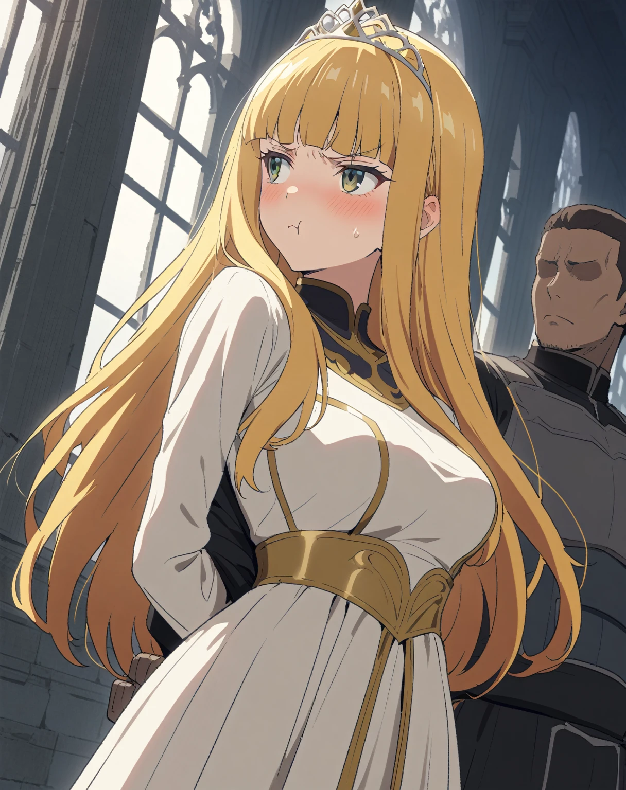 {{portrait, dutch angle}} {{Artist: Sincos}} 1 woman, 2 guards on either side restraining her, 2 men wearing armor, mature female, elegant, princess, medium breasts, straight hair, golden hair, long hair, hime cut, green eyes, white dress, gold trim, tiara, looking to side, pout, restrained by two men, faceless male, outdoors, garden, palace, cloudy, moonlight, window.