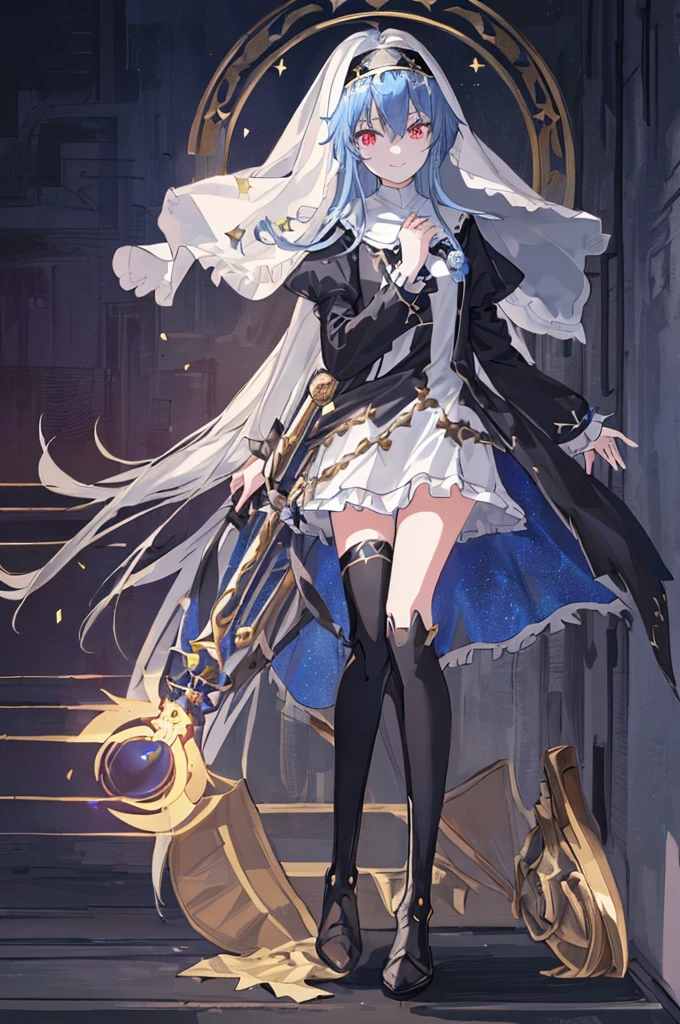 [(cathedral background:1.4)::5],Original,(Illustration:1.1),(Best Quality),(masutepiece:1.1),(the Extremely Detailed CG Unity 8K Wallpapers:1.1), (Colorful:0.9),(mid-shot:0.95),(Full body:1.5),Dynamic Angle,(Solo:1.2), (girl),(((Adult))), (Detailed beautiful eyes:1.15), (Beautiful face:1.15), (Glowing black eyes:1.25////),(Blue Long Hair),(nun headdress),(+perfect hand+:1.21),(Draw an illustration of a Holy Knight Wizard),(Religious),(slender),(she has boots on her feet),((I'm wearing black knee-high socks)),Smile,(Ruffled miniskirt with metal embellishments),beautiful slender adult,((theater background)),