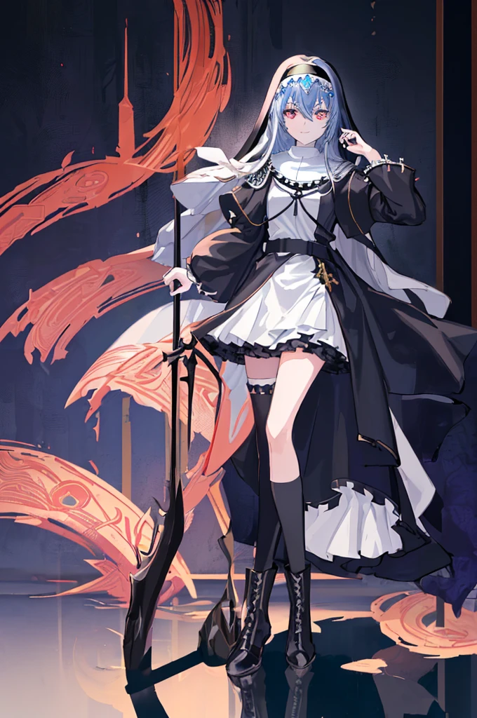 [(cathedral background:1.4)::5],Original,(Illustration:1.1),(Best Quality),(masutepiece:1.1),(the Extremely Detailed CG Unity 8K Wallpapers:1.1), (Colorful:0.9),(mid-shot:0.95),(Full body:1.5),Dynamic Angle,(Solo:1.2), (girl),(((Adult))), (Detailed beautiful eyes:1.15), (Beautiful face:1.15), (Glowing black eyes:1.25////),(Blue Long Hair),(nun headdress),(+perfect hand+:1.21),(Draw an illustration of a Holy Knight Wizard),(Religious),(slender),(she has boots on her feet),((I'm wearing black knee-high socks)),Smile,(Ruffled miniskirt with metal embellishments),beautiful slender adult,((theater background)),