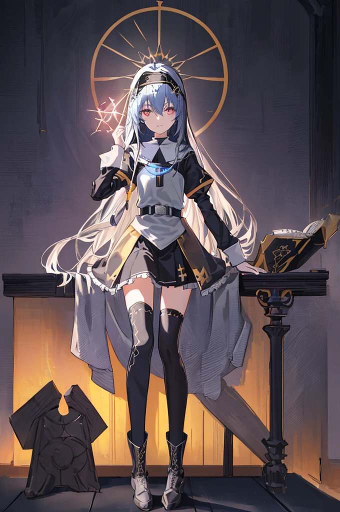 [(cathedral background:1.4)::5],Original,(Illustration:1.1),(Best Quality),(masutepiece:1.1),(the Extremely Detailed CG Unity 8K Wallpapers:1.1), (Colorful:0.9),(mid-shot:0.95),(Full body:1.5),Dynamic Angle,(Solo:1.2), (girl),(((Adult))), (Detailed beautiful eyes:1.15), (Beautiful face:1.15), (Glowing black eyes:1.25////),(Blue Long Hair),(nun headdress),(+perfect hand+:1.21),(Draw an illustration of a Holy Knight Wizard),(Religious),(slender),(she has boots on her feet),((I'm wearing black knee-high socks)),Smile,(Ruffled miniskirt with metal embellishments),beautiful slender adult,((theater background)),