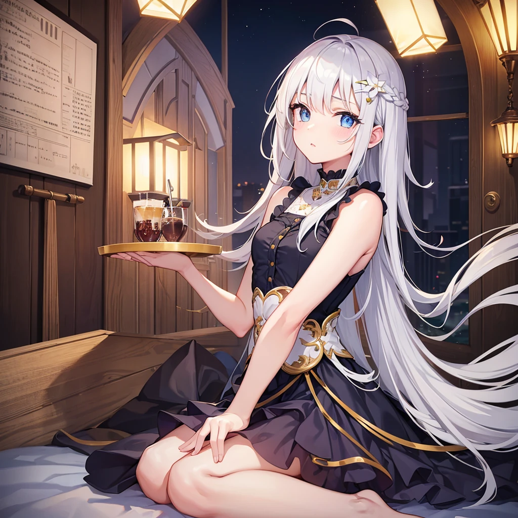 noble girl
BREAK long white-silver hair, braid, side bangs, hair ornament, flower hair clip, blue eyes, thin lips, small boobs, thin thighs
BREAK casual dress, gold ring, sleeveless dress, dark blue dress
BREAK looking at viewer, upper body, blush, quite annoyed face
BREAK (masterpiece:1.2), best quality, high resolution, unity 8k wallpaper, (illustration:0.8), (beautiful detailed eyes:1.6), extremely detailed face, perfect lighting, extremely detailed CG, (perfect hands, perfect anatomy)
