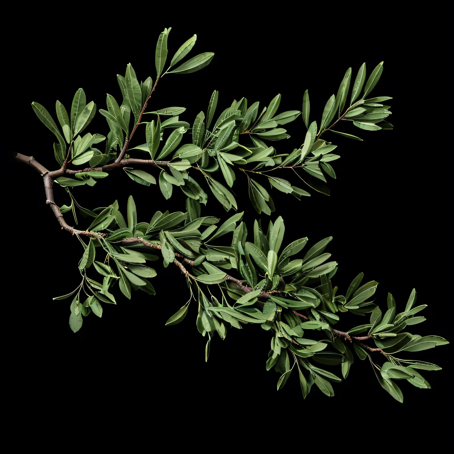 Close-up of a tree branch with green leaves, Branches and leaves, On a black background, olive tree, On a black background, Digital Paint, Lignified leaves, olive, Stylized vegetation, Highly detailed twigs and plants, Leaked images, Photo-realistic detailed images, Leaves and stem leaves, Willow plant, Detailed illustrations, Photorealistic illustrations