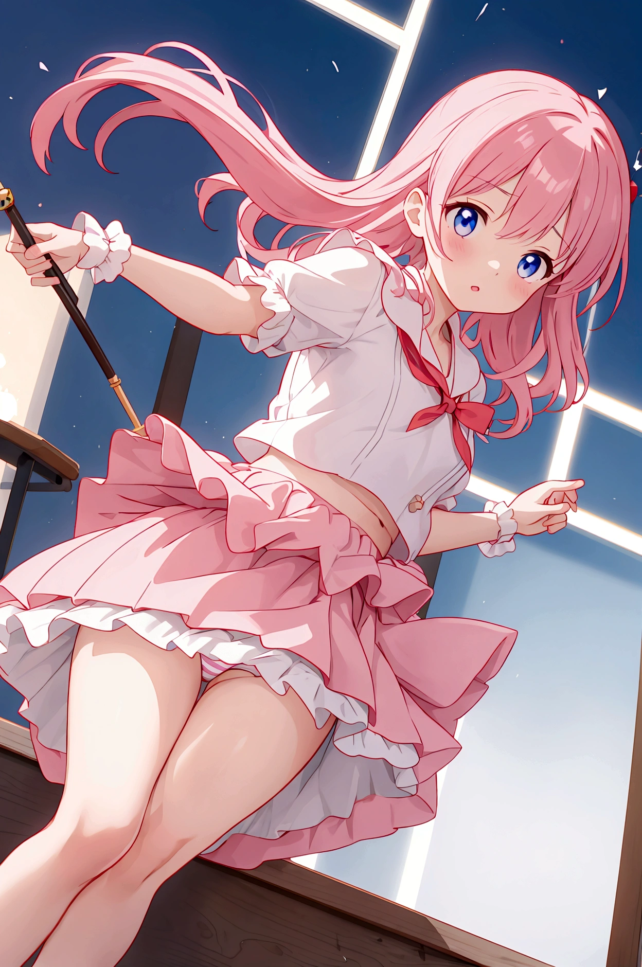 Magical girls with three different heights holding magic wands、Plain white with emphasis on the chestTshirt、You can see the chest from the neck、Ultramarine and white striped mini skirt、When you lift up her skirt you can see her cute pink frilly underwear.、A fluffy, white ruffled flared skirt、When she flipped her skirt up, she found cute red ruffled underwear、barefoot、classroom、