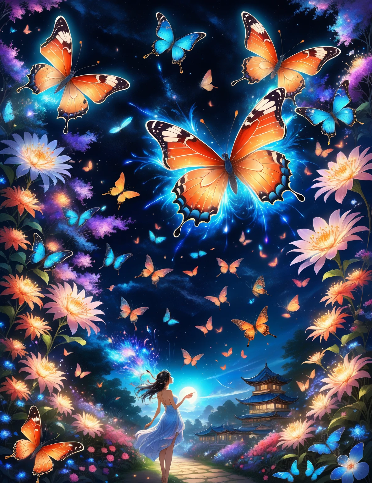 style by Yuumei,best quality,high resolution,8k very aesthetic,mesmerise celestial fireworks starry sky,floral atmosphere,vibrant godray effect on a realistic,hyperdetailed vibrant glowing petal,luminous foliage,dreamlike wonderland-garden naughty butterflies slutty  inspired by Yuumei huge busy extremely detailed scene